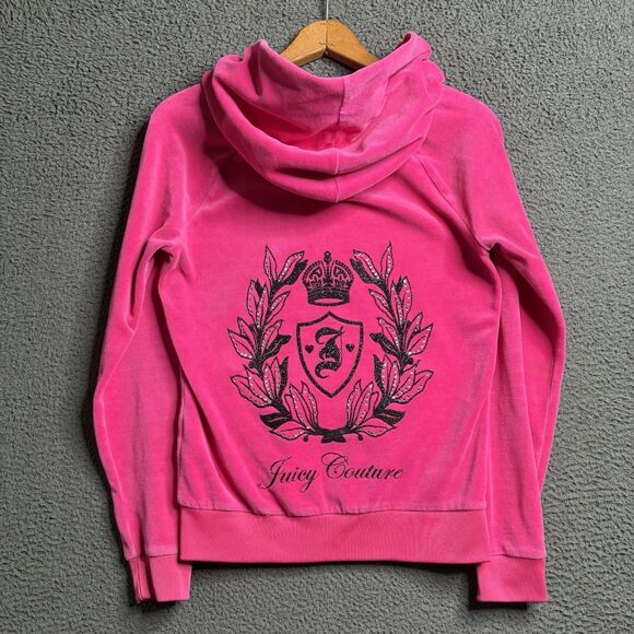 Juicy Couture Velour Vintage Y2K Pink Hoodie Jeweled Crest Emblem Small Full Zip - Picture 1 of 15